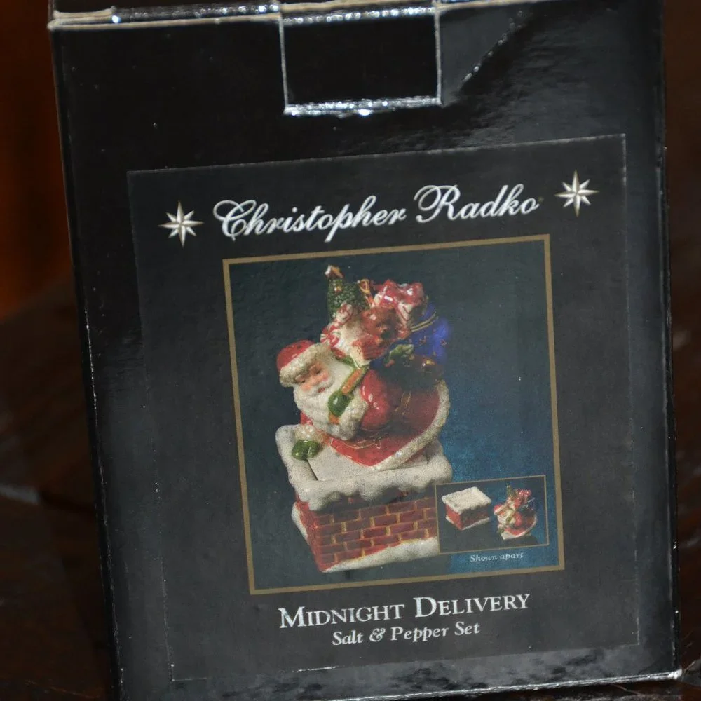 RARE CHRISTOPHER RADKO SANTA UP ON THE CHIMNEY CHRISTMAS SALT PEPPER SHAKER SET